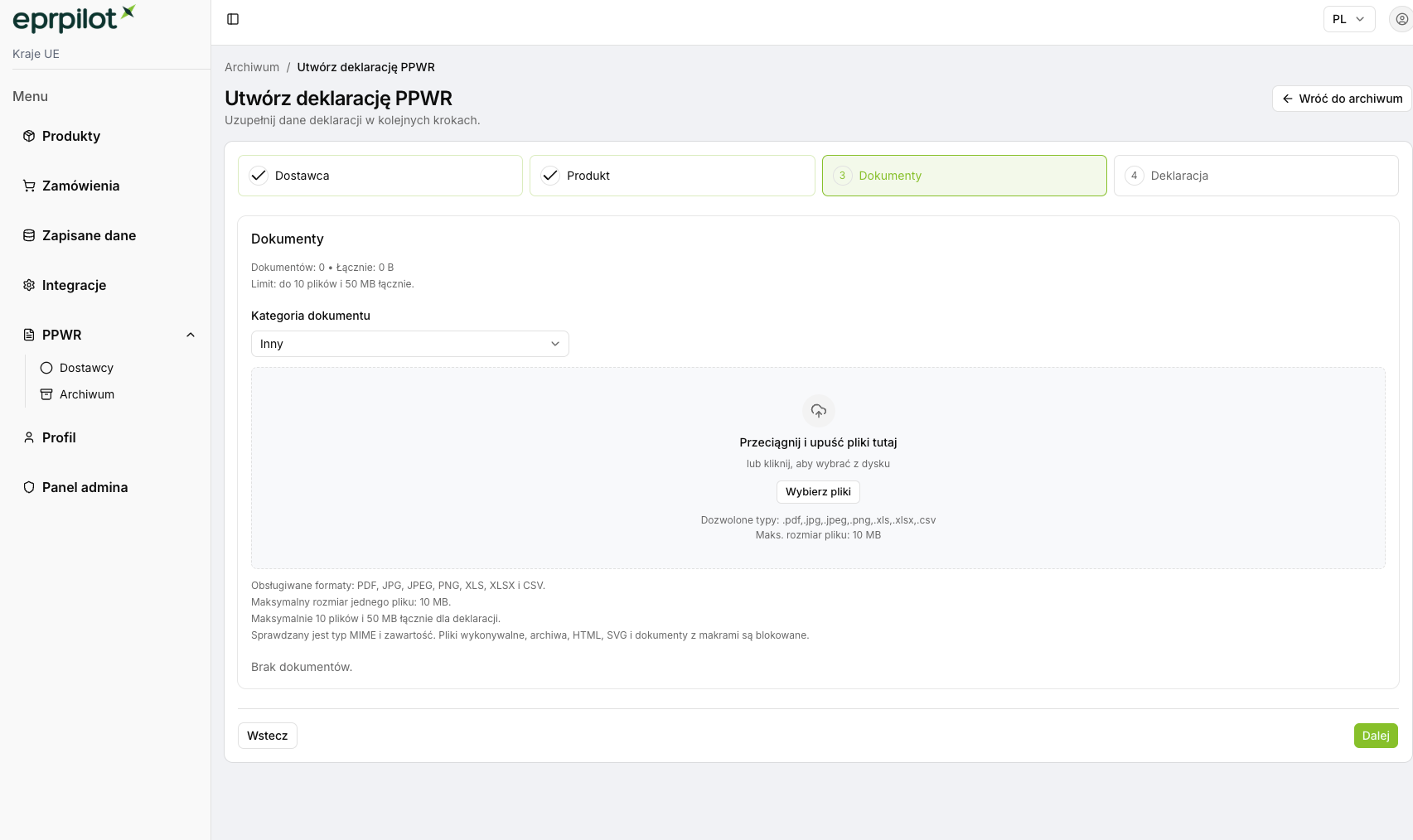 Document upload in the PPWR declaration workflow