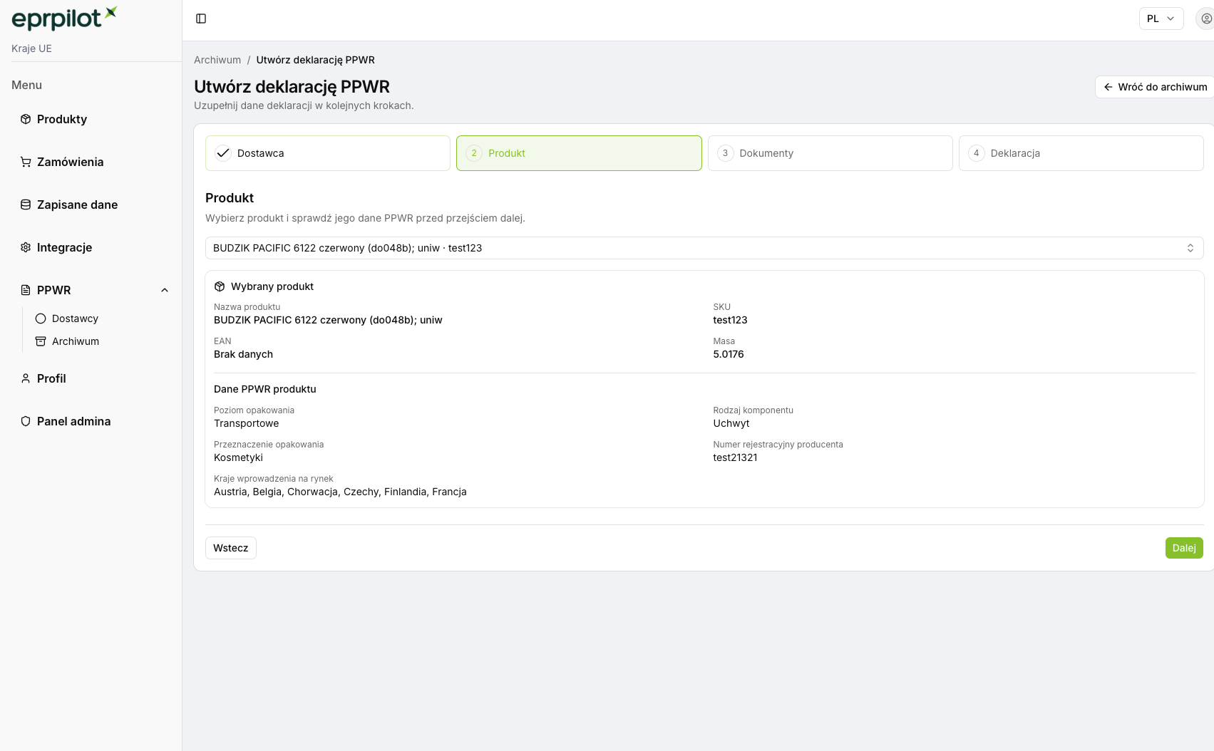 Product selection in the PPWR declaration workflow
