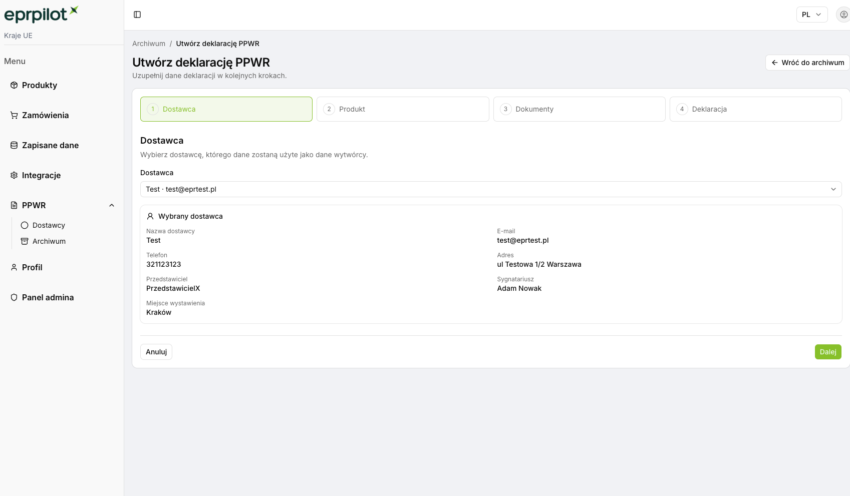 Supplier selection in the PPWR declaration workflow