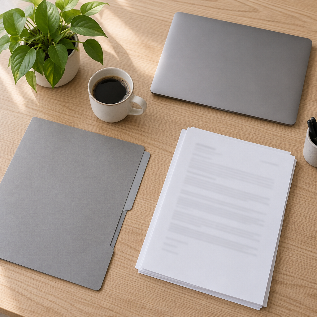 Printed EUDR documents and a folder on an office desk
