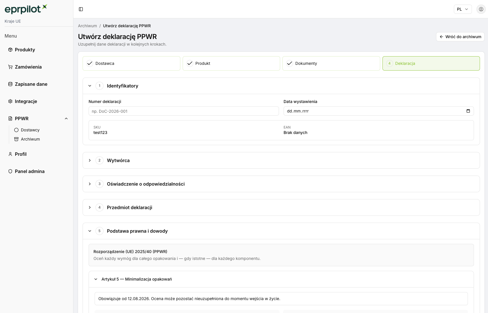Declaration details in the PPWR declaration workflow