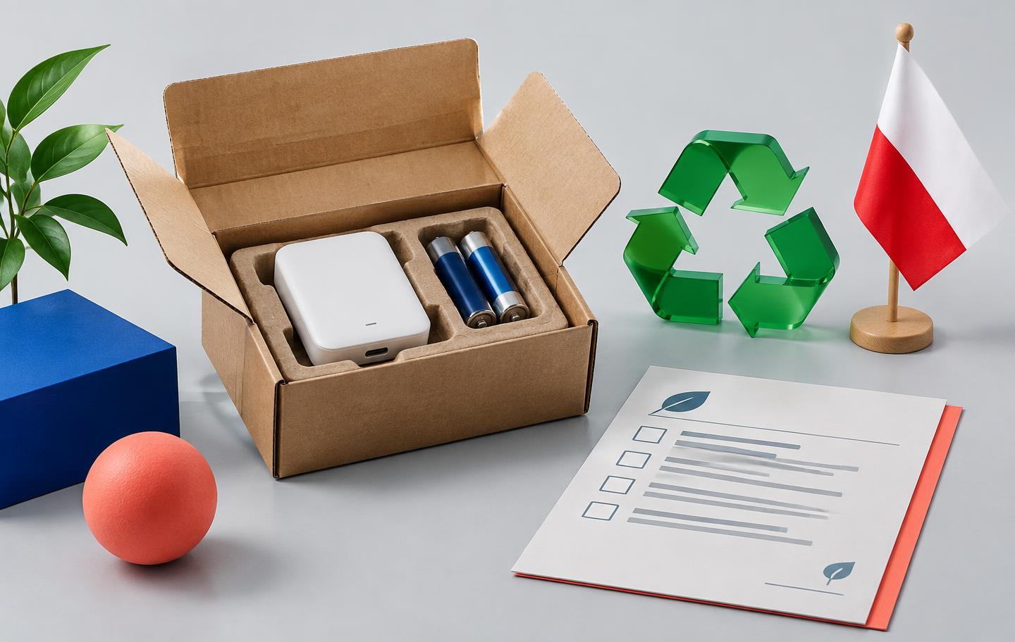 Shipping carton with an electronic device and batteries, a Polish flag and a recycling symbol