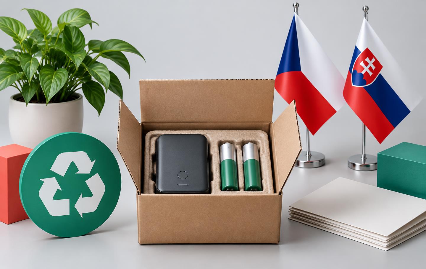 Shipping carton with electronics and batteries alongside Czech and Slovak flags and a recycling symbol