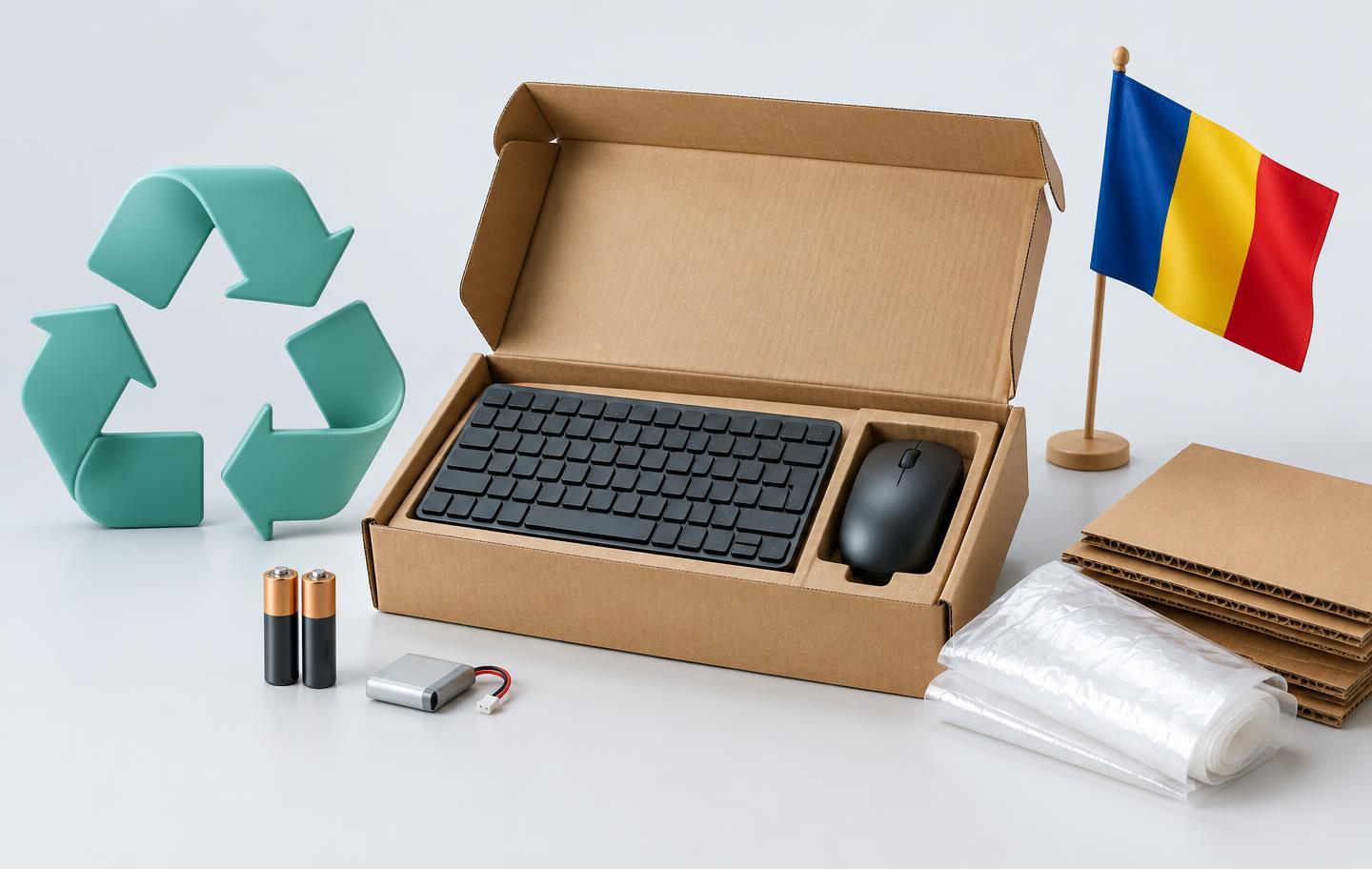 Carton with a keyboard and mouse, batteries, packaging materials, the Romanian flag and a recycling symbol