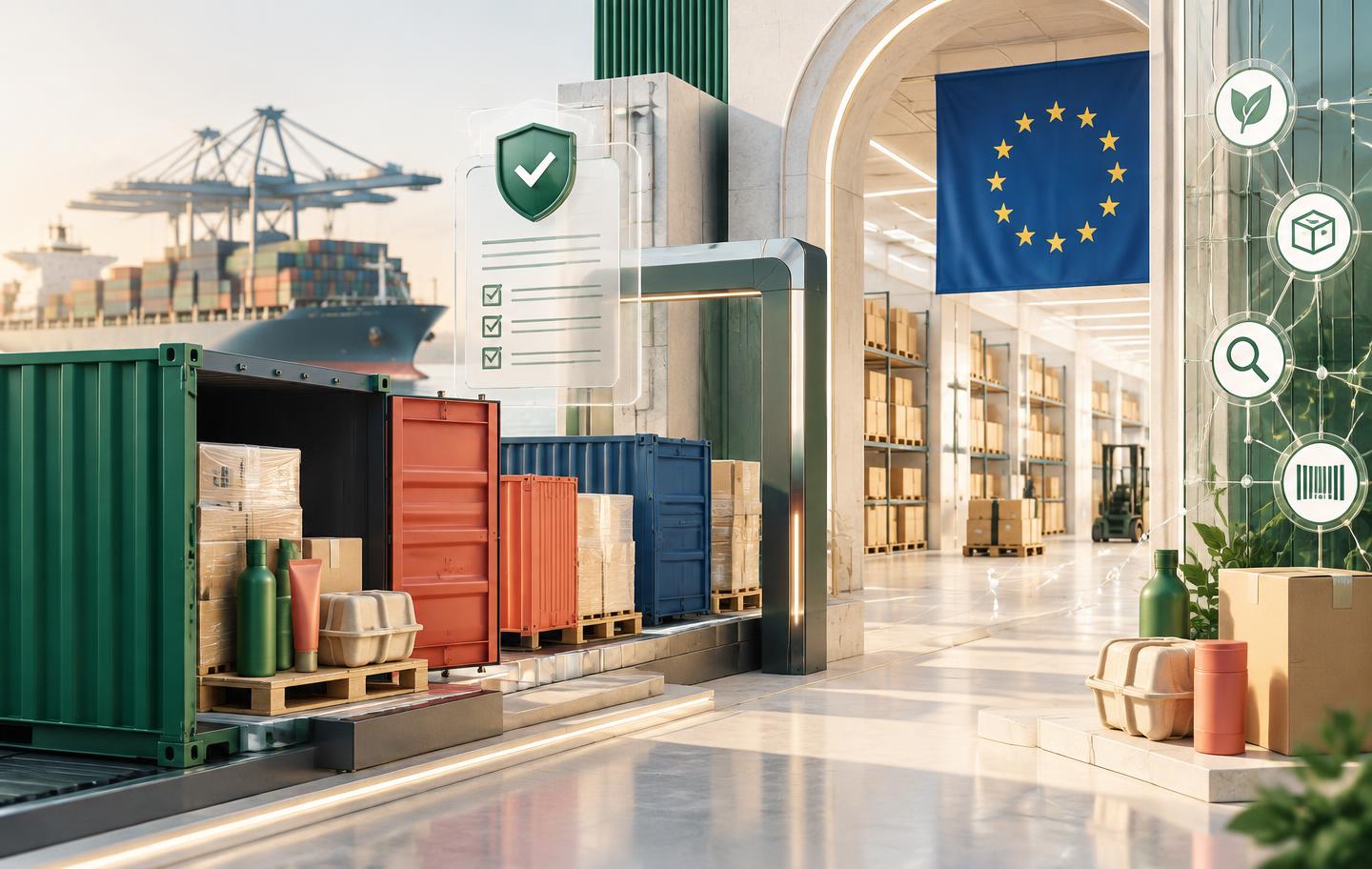 Imported packaged products arriving at a European distribution warehouse