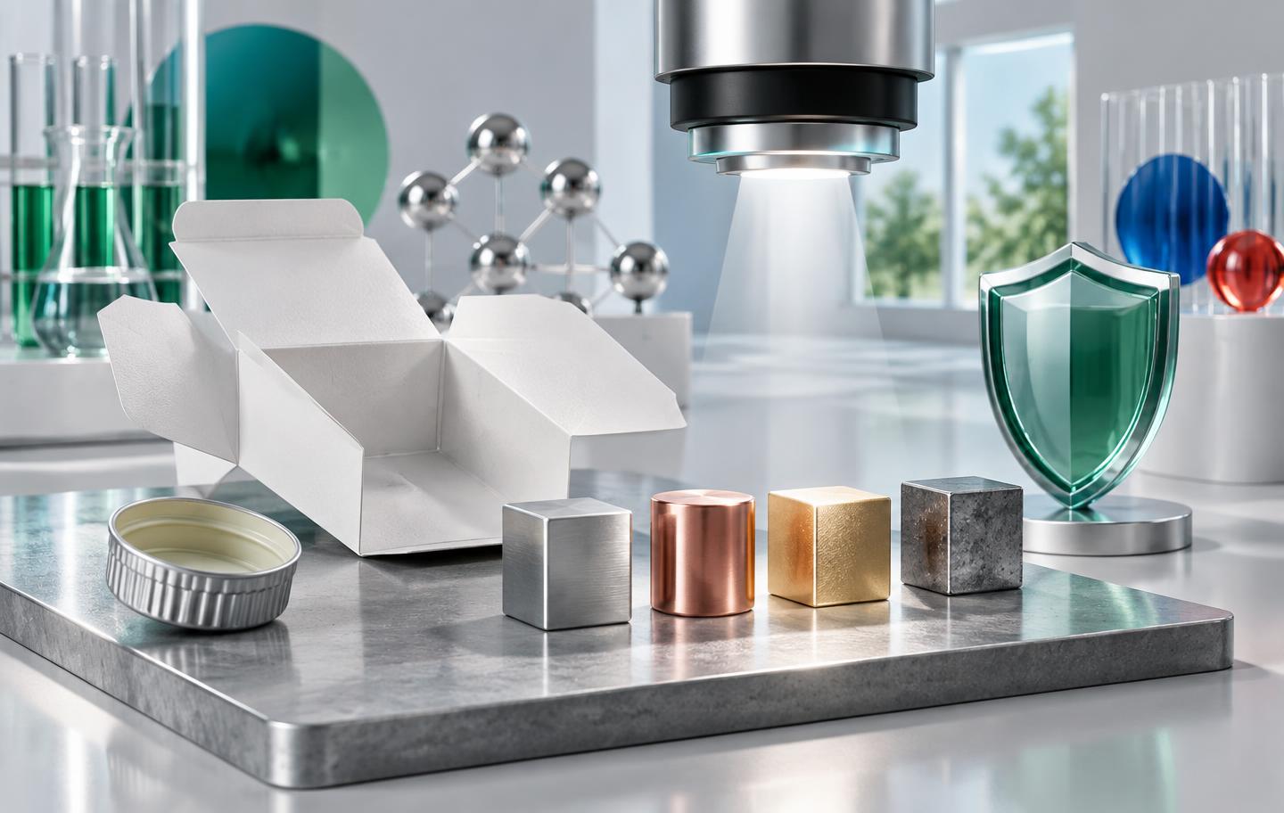 Packaging components and four metal samples undergoing a laboratory compliance check