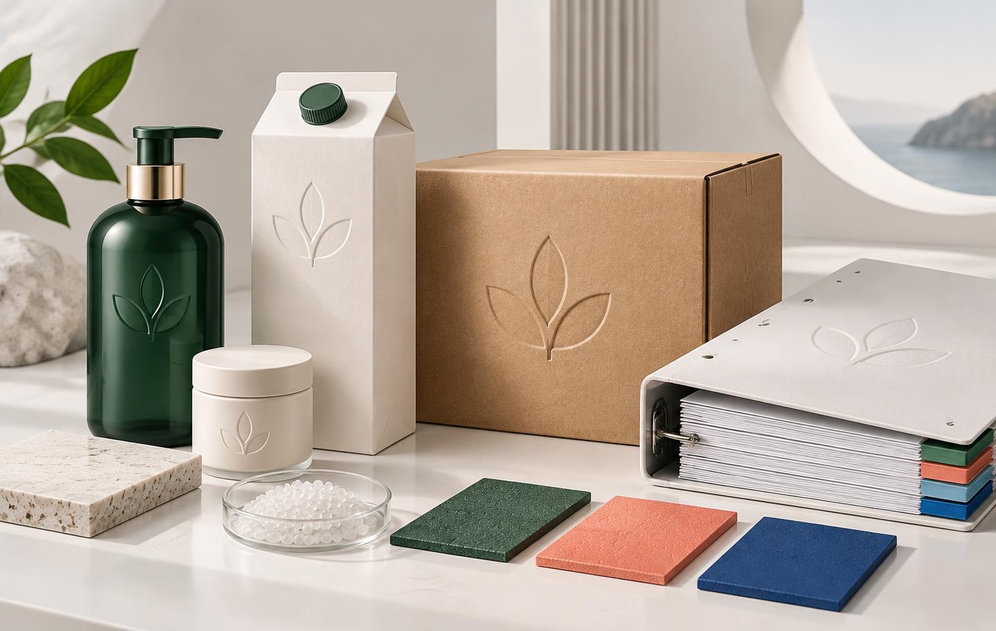 Private-label food, cosmetics and shipping packaging next to a compliance file