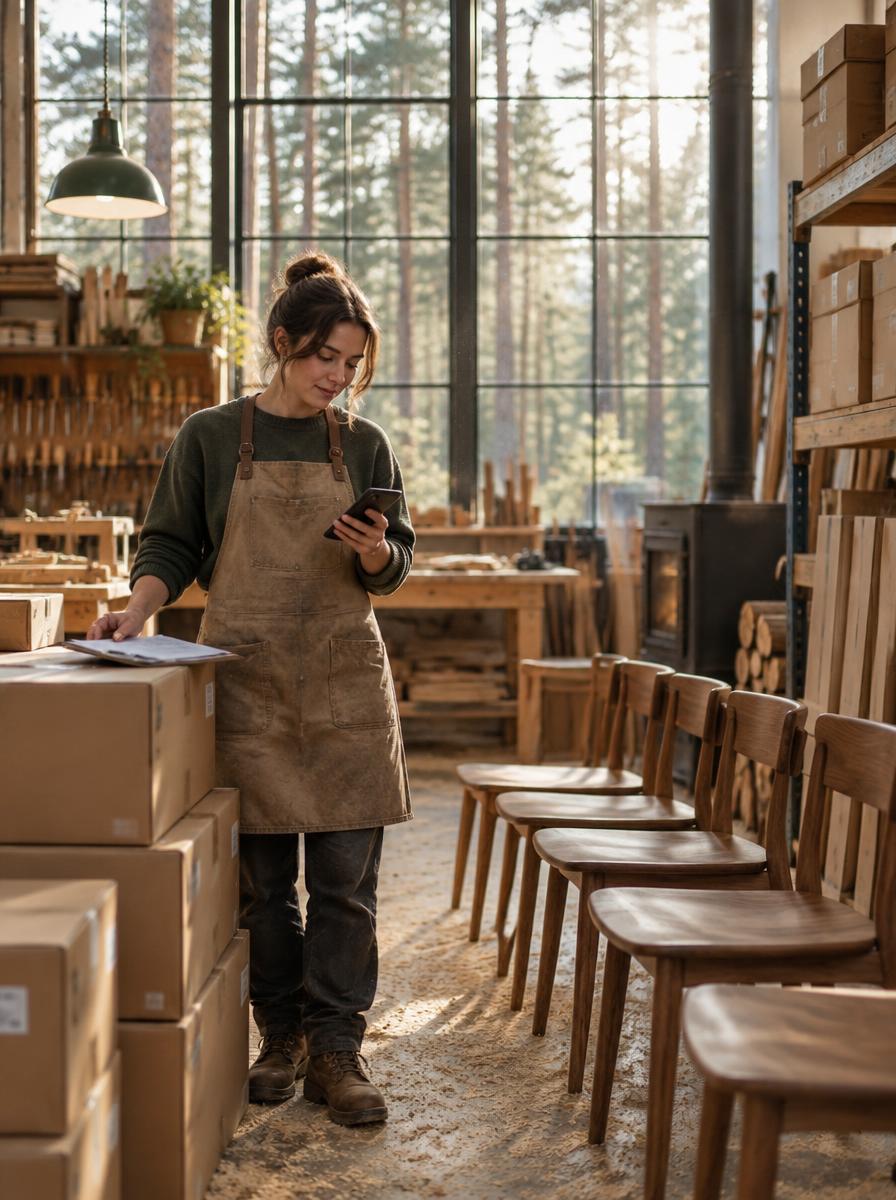 Furniture workshop with wooden chairs and cardboard cartons, forest visible through the window